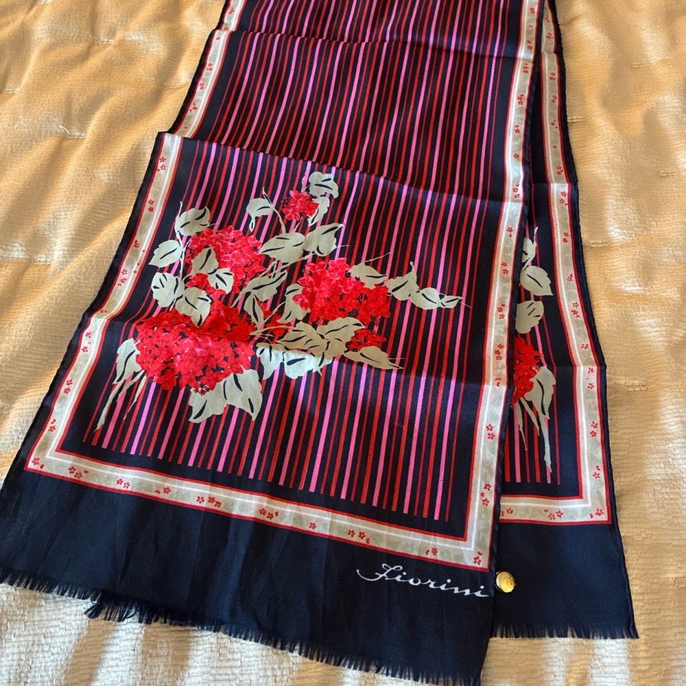Floral Striped Scarf with Red Accents